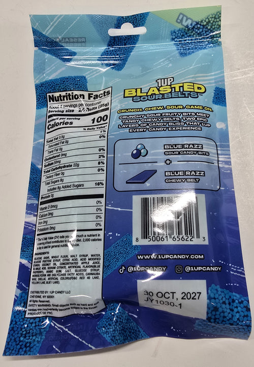 1UP Blasted Sour Belts Blue Razz 3.5 oz Peg Bag