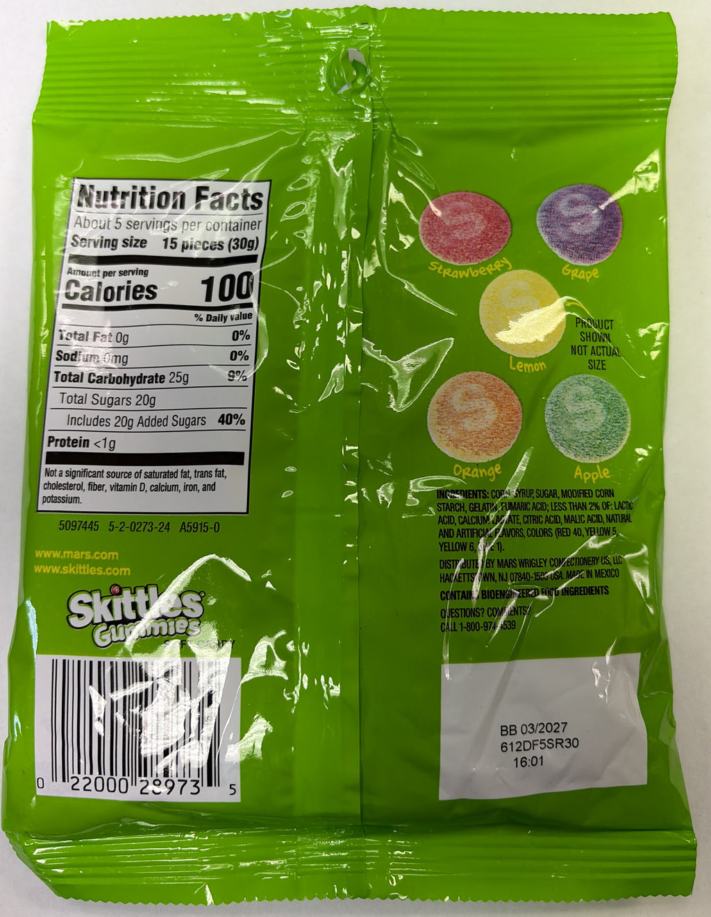 Skittles Original Sour Gummies 5.8 oz Peg Bag