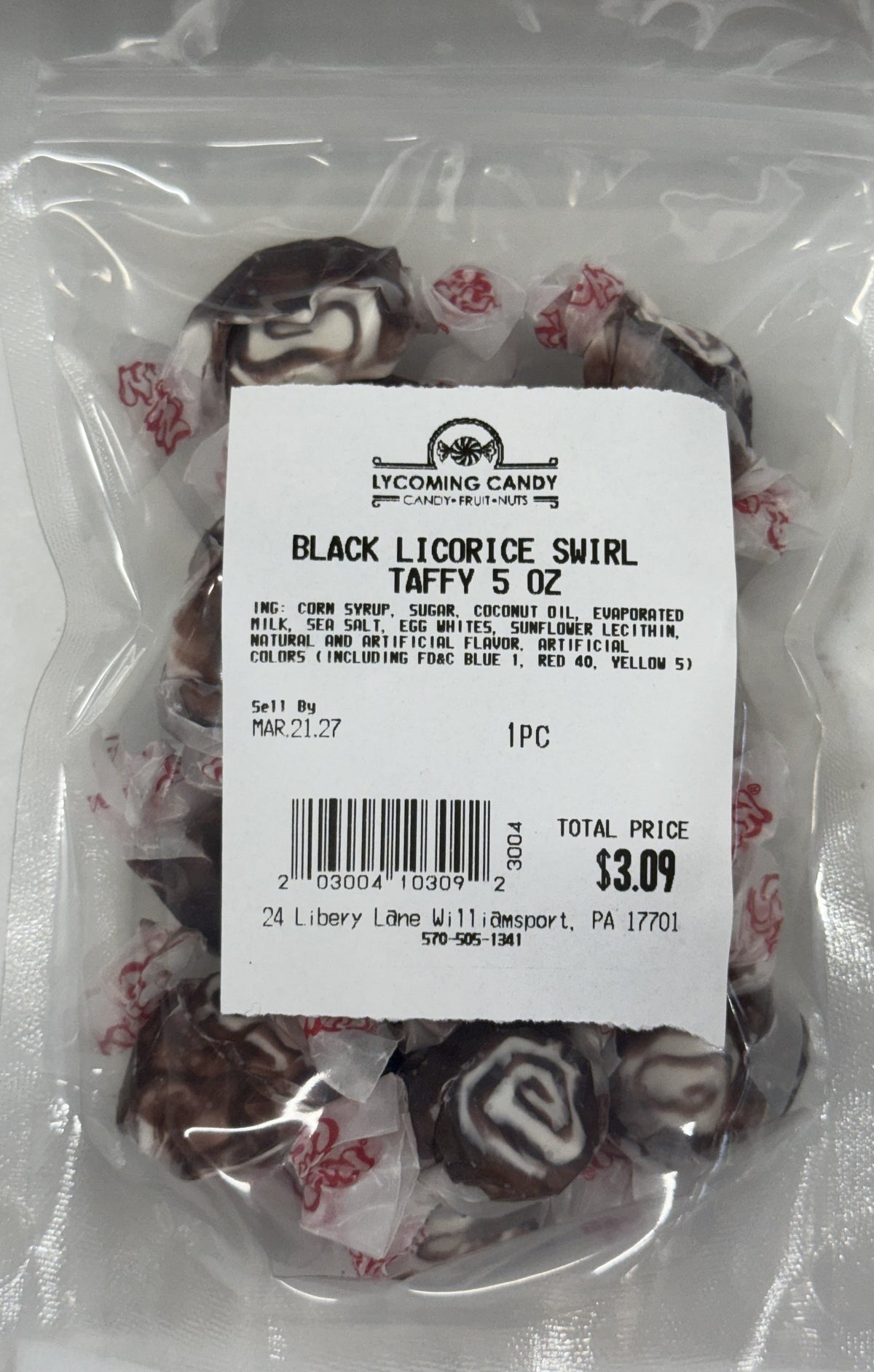 Black Licorice Swirl Salt Water Taffy 5 oz Bag