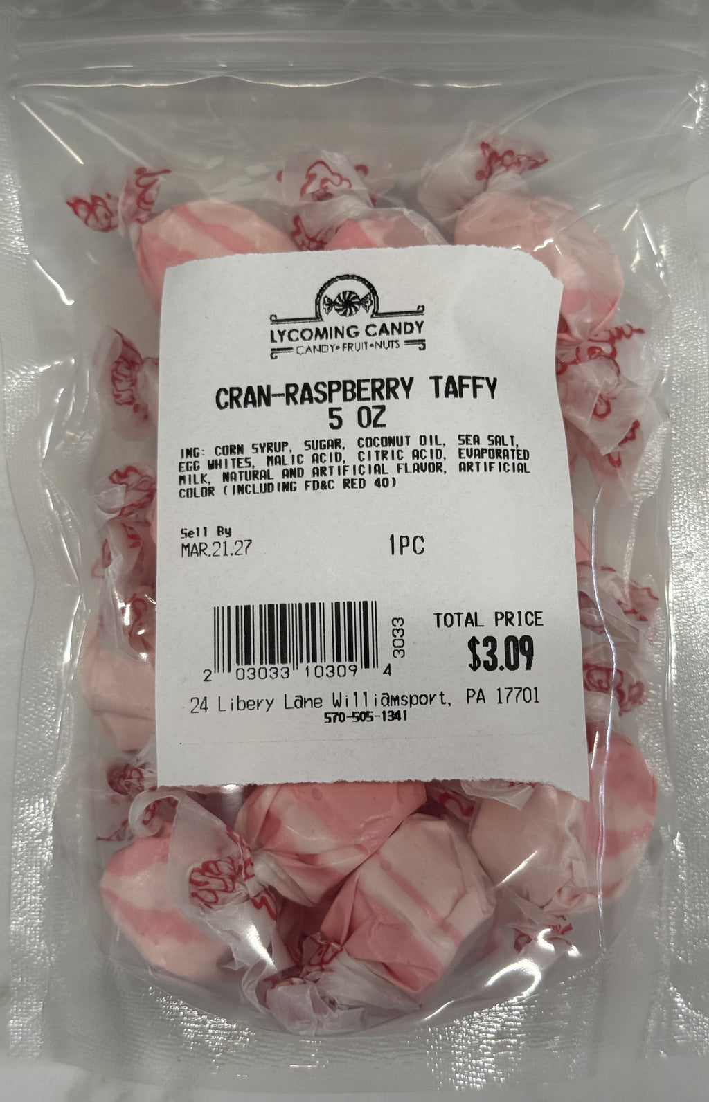 Cran-Raspberry Salt Water Taffy 5 oz Bag
