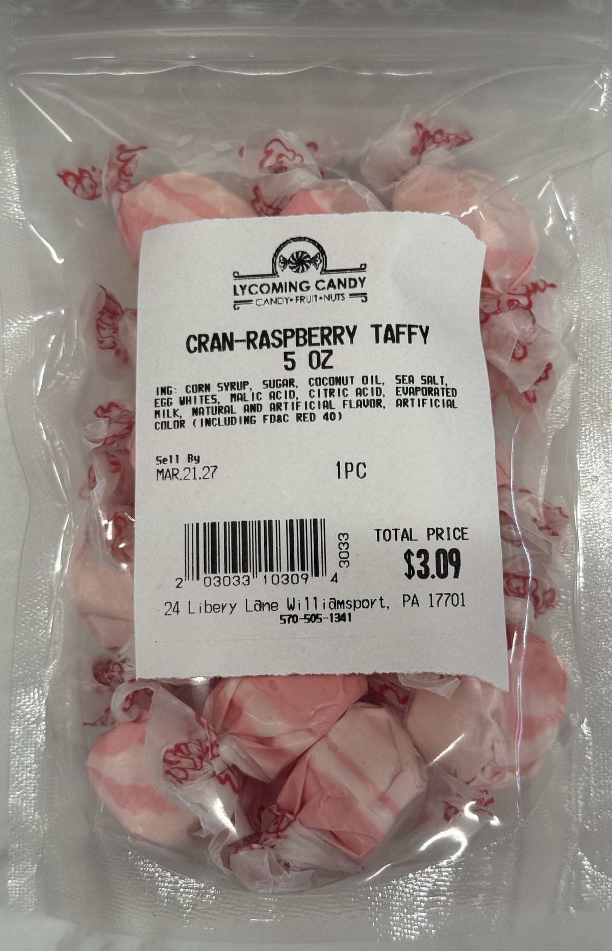 Cran-Raspberry Salt Water Taffy 5 oz Bag