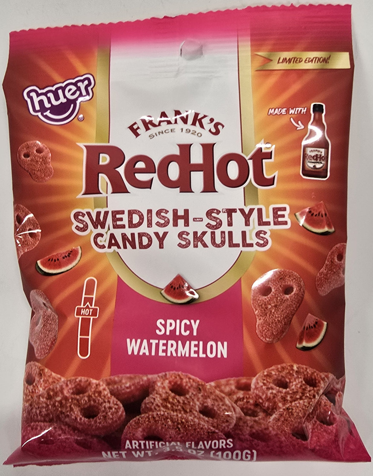 Frank's Red Hot Swedish Style Spicy Watermelon Skulls 3.5 oz Peg Bag