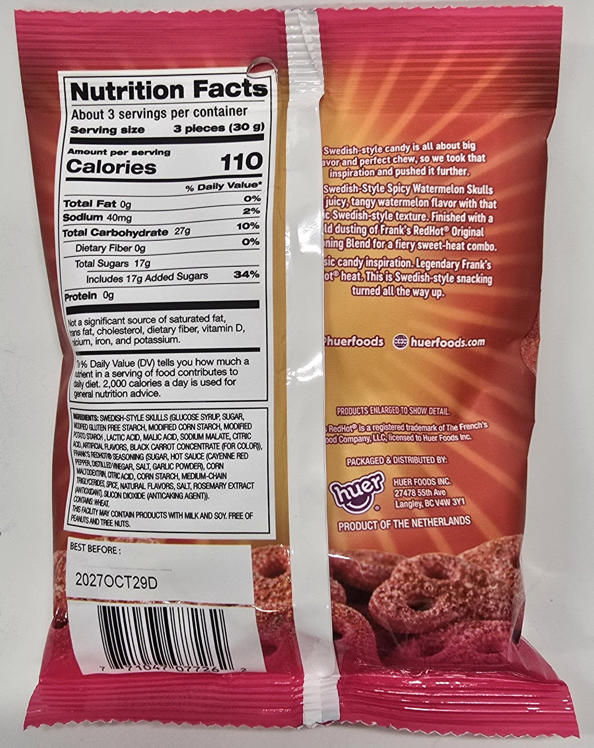 Frank's Red Hot Swedish Style Spicy Watermelon Skulls 3.5 oz Peg Bag