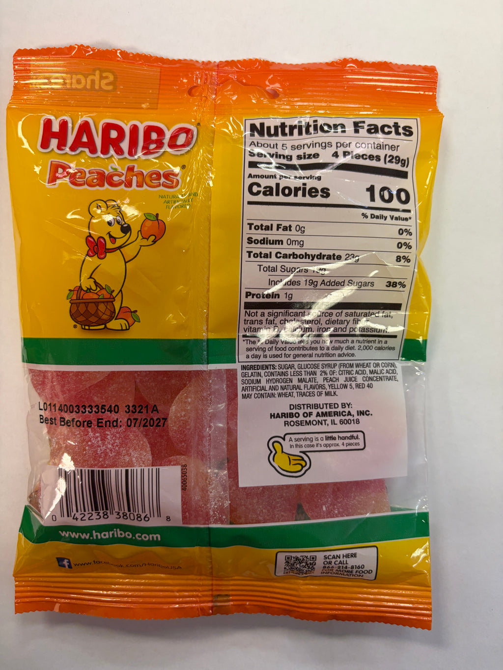 Haribo Gummy Peaches 5 oz Peg Bag Gummi Candy
