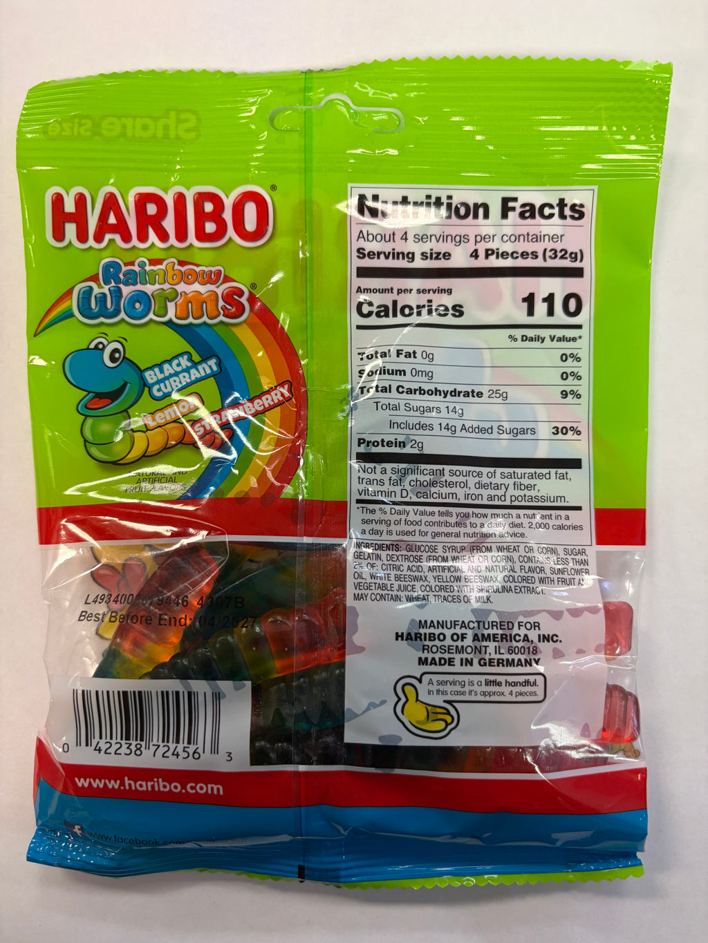 Haribo Gummy Rainbow Worms 5 oz Peg Bag Gummi Candy