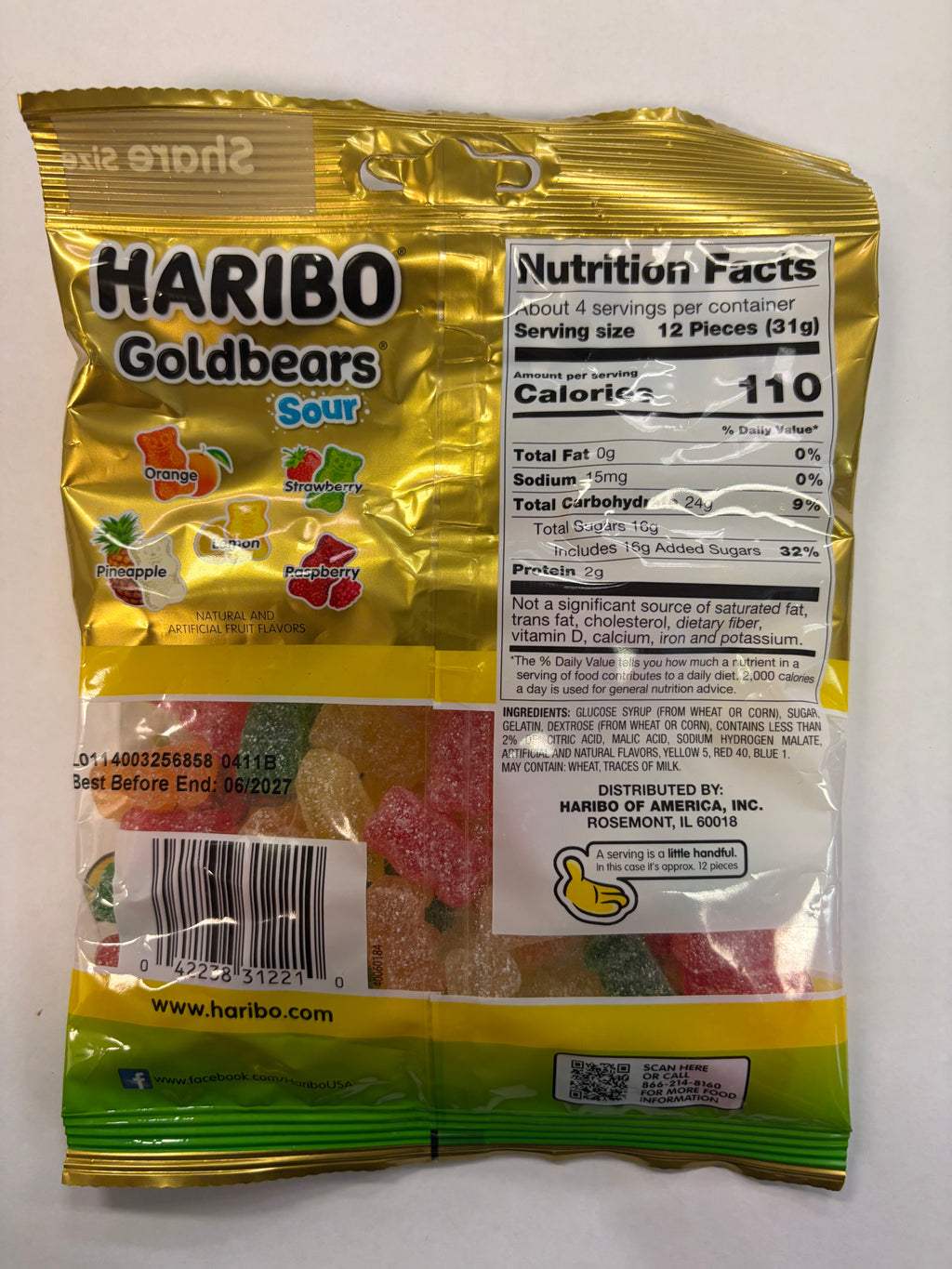 Haribo Sour Gummy Gold Bears 4.5 oz Peg Bag Gummi Candy