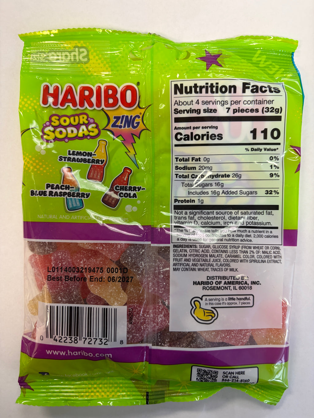 Haribo Gummy Sour Soda Bottles 4.5 oz Peg Bag Gummi Candy