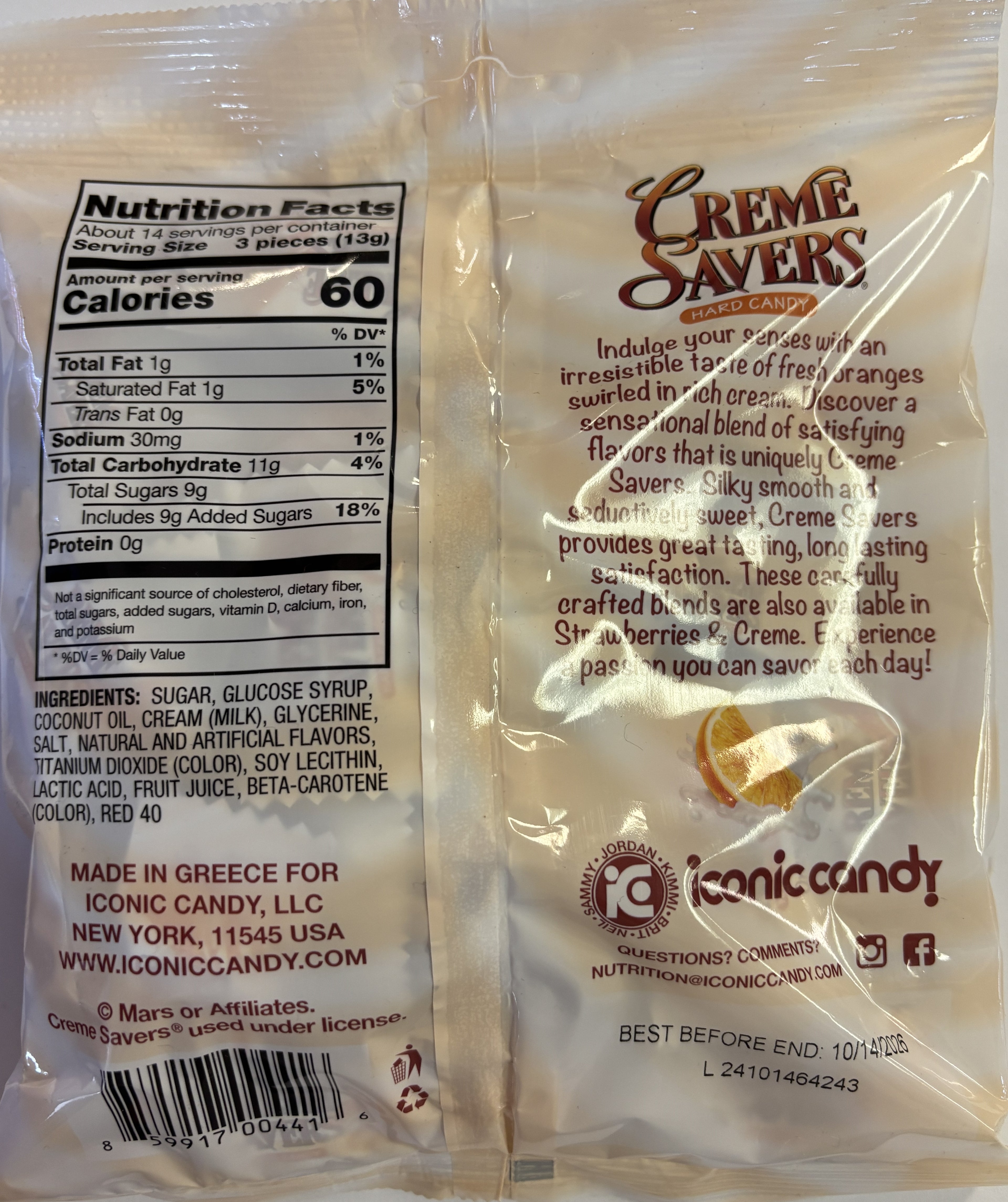 Creme Savers Orange & Creme 6.25 oz Peg Bag