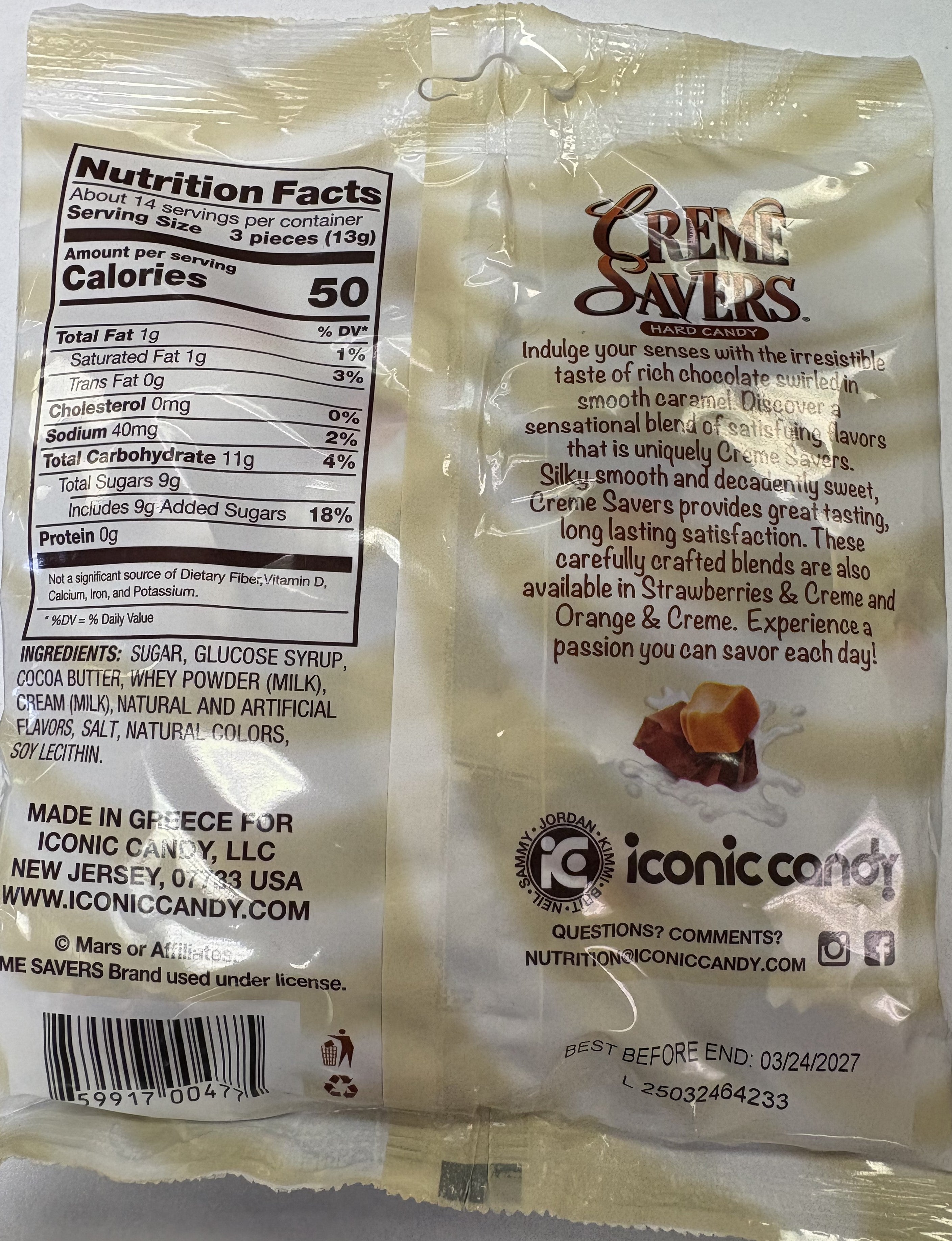 Creme Savers Chocolate & Caramel 6.25 oz Peg Bag