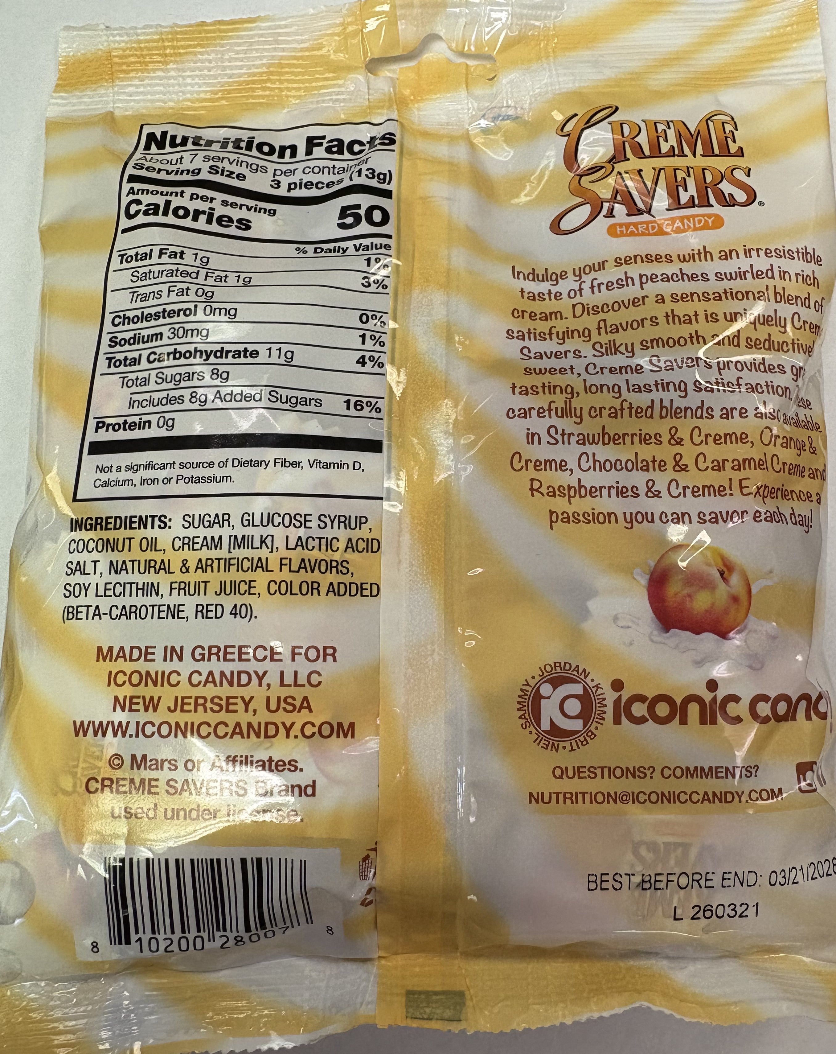 Creme Savers Peaches & Creme 6.25 oz Peg Bag