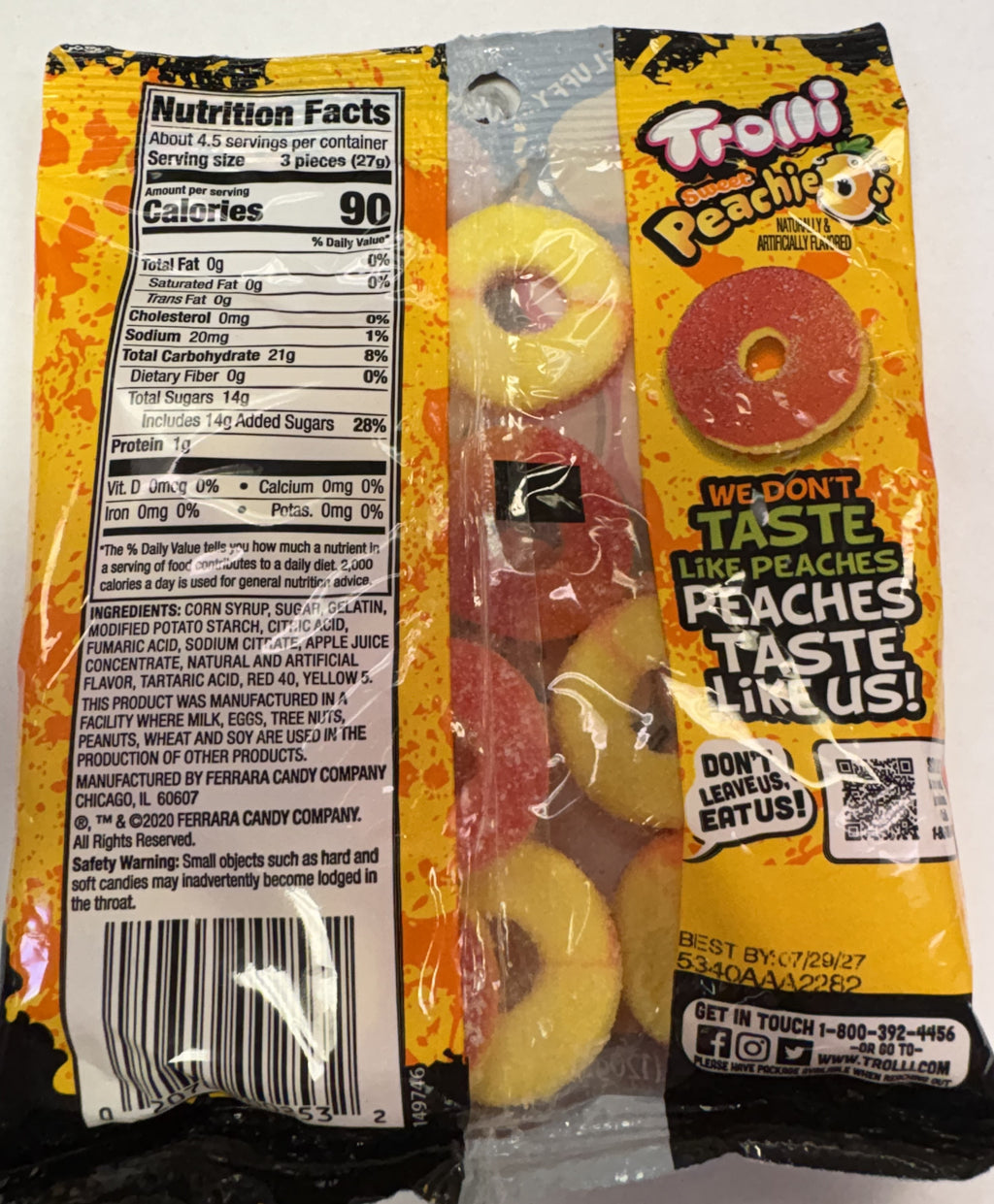 Trolli Gummi Peach Rings 4.25 oz Peg Bag Gummy Candy