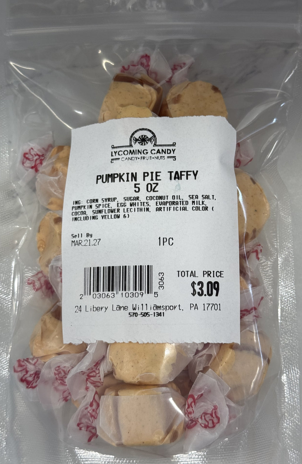 Pumpkin Pie Salt Water Taffy 5 oz Bag